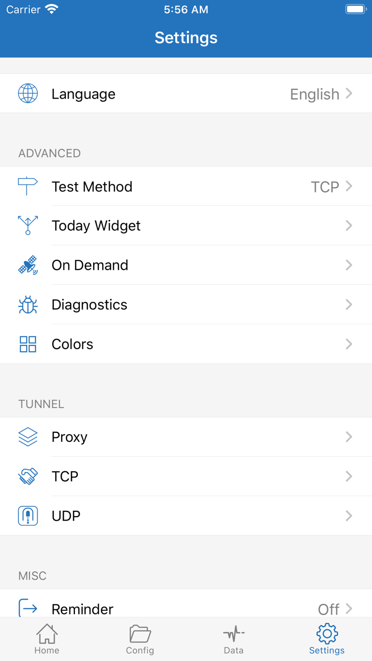Shadowrocket Settings 공식 스크린샷: On Demand, Diagnostics 및 기타 설정